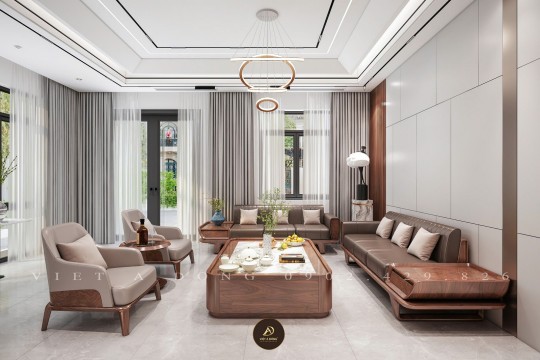 Kinh nghiệm bố trí phòng khách gỗ óc chó trong nhà phố