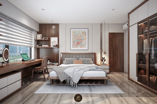 Cách kết hợp ánh sáng và màu sơn tường với phòng ngủ gỗ óc chó