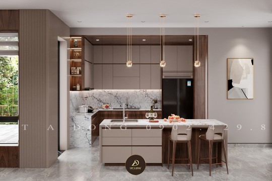 Cách phối màu nội thất bếp gỗ óc chó với sàn và trần nhà