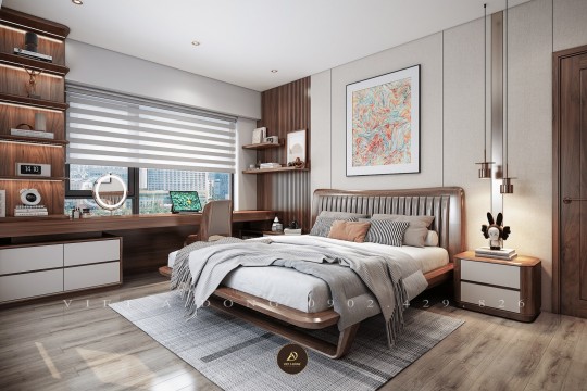 Giường và tủ quần áo gỗ óc chó cho căn hộ chung cư hiện đại