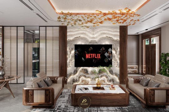 Kệ tivi gỗ óc chó kết hợp vách ngăn phòng khách