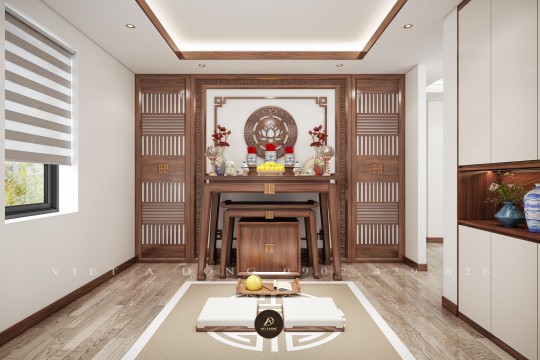 Mẫu bàn thờ gỗ óc chó hiện đại – Tối giản mà trang nghiêm