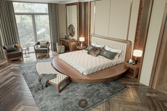 Mẫu giường ngủ master gỗ óc chó cho biệt thự sang trọng