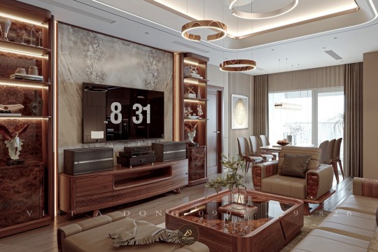 Mẫu kệ tivi gỗ óc chó kết hợp tủ rượu hiện đại
