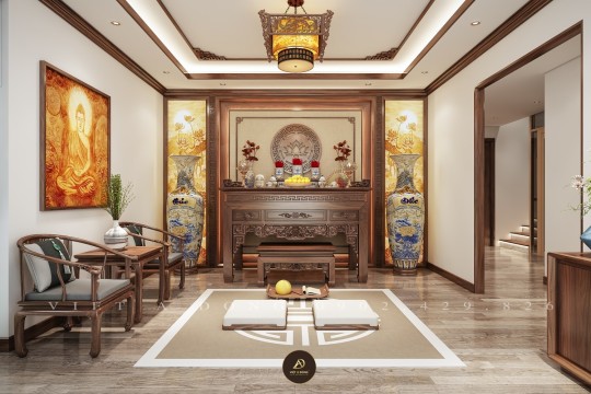 Mẫu phòng thờ gỗ óc chó trang nghiêm và tinh tế