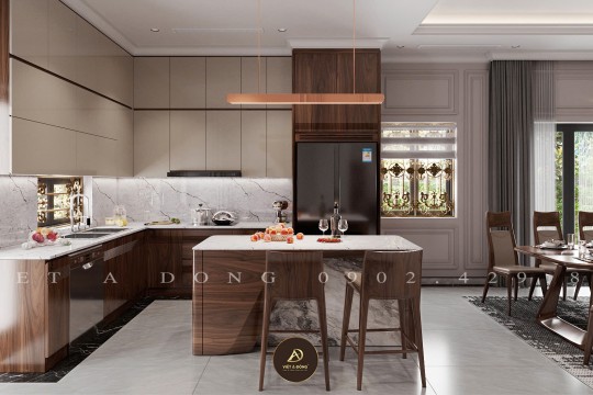 Mẫu tủ bếp gỗ óc chó có quầy bar hiện đại