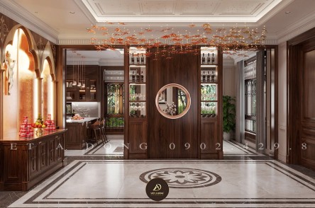 Mẫu tủ rượu gỗ óc chó kết hợp kệ trang trí