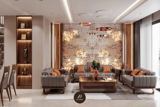 Thiết kế phòng khách nhỏ với nội thất gỗ óc chó – Bí quyết tối ưu diện tích