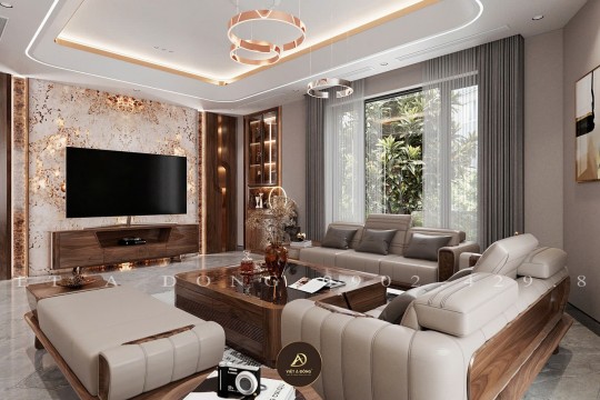 Phong thủy kệ tivi gỗ óc chó trong phòng khách