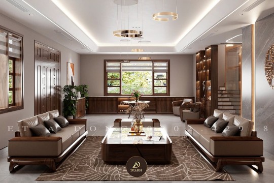 Thiết kế phòng khách gỗ óc chó – Vì sao biệt thự cao cấp ưa chuộng?