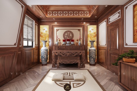 Thiết kế phòng thờ gỗ óc chó trong biệt thự hiện đại