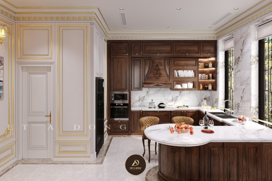 Tủ bếp gỗ óc chó tân cổ điển – Sang trọng và tinh tế