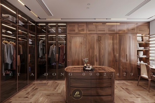 Tủ quần áo gỗ óc chó kết hợp kệ trang trí đa năng