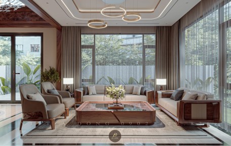 Xu hướng thiết kế phòng khách gỗ óc chó trong năm 2025