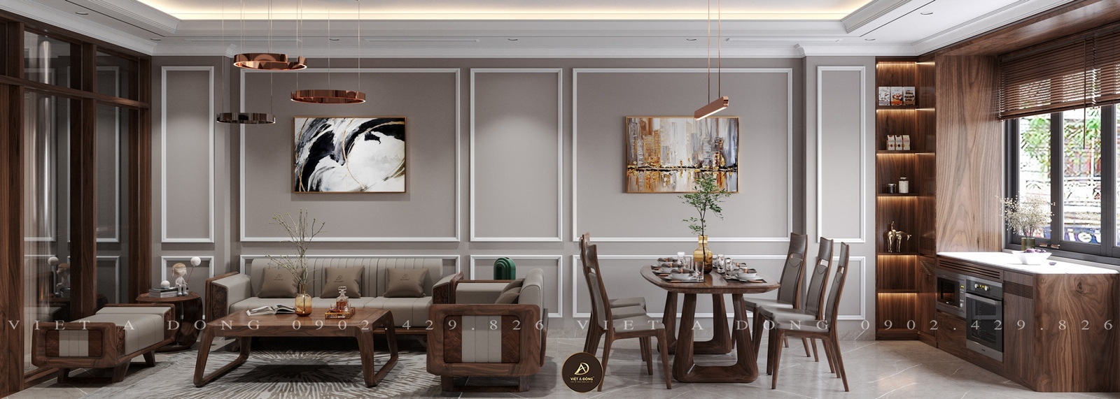 không gian phù hợp với bàn ăn gỗ óc chó 6 ghế