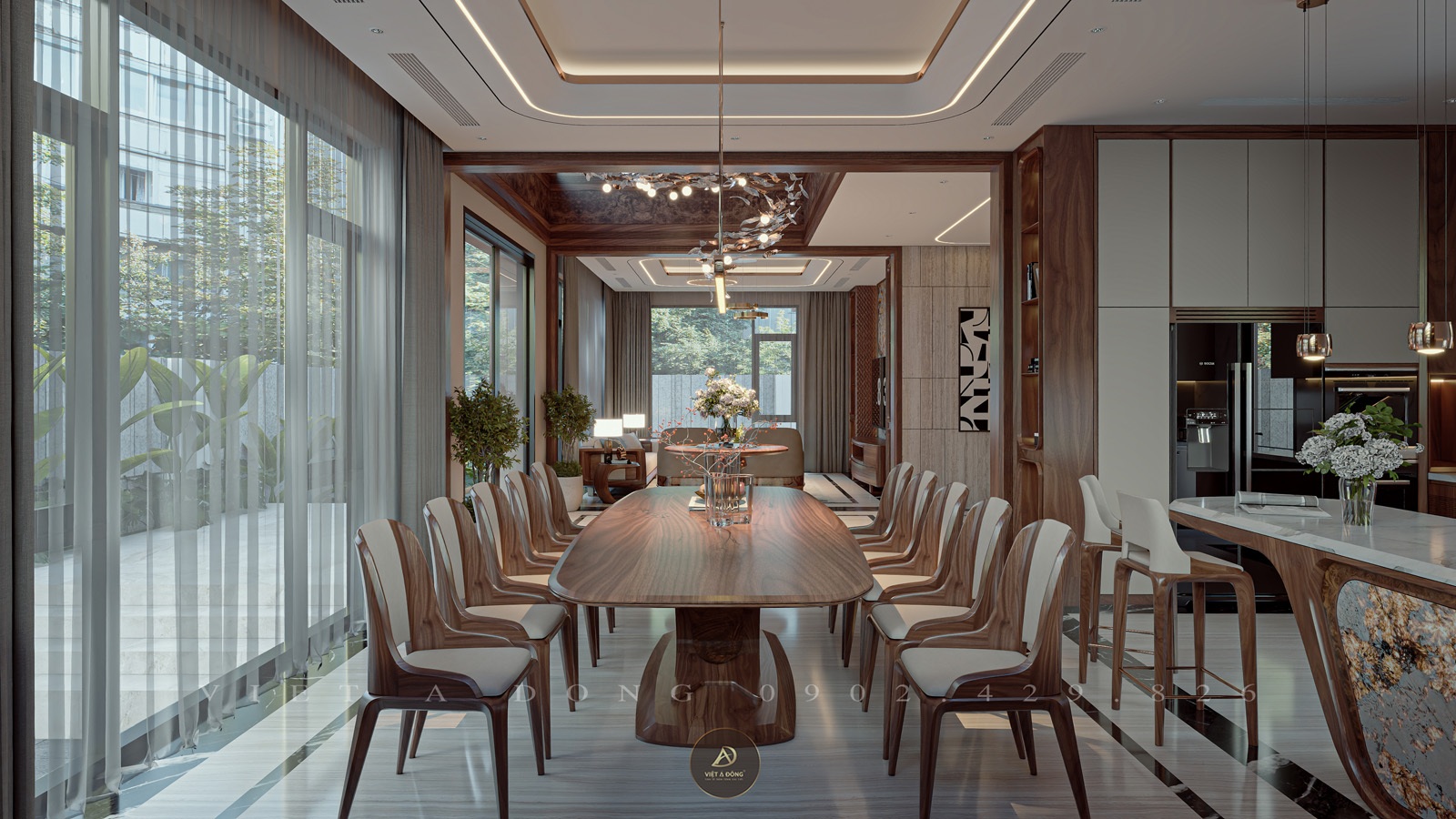 bàn ăn gỗ óc chó trong không gian hiện đại