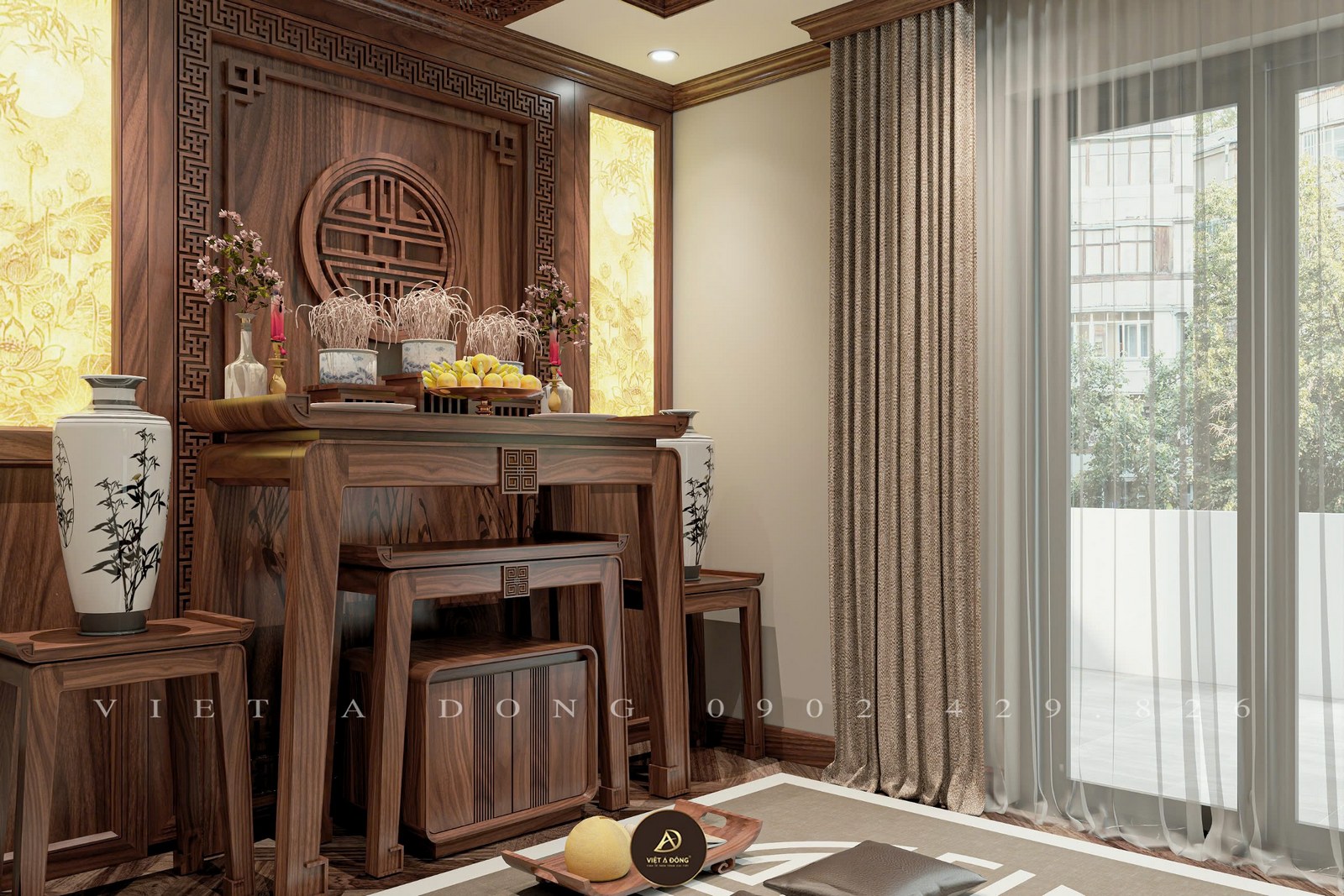 thiết kế bàn thờ gỗ óc chó