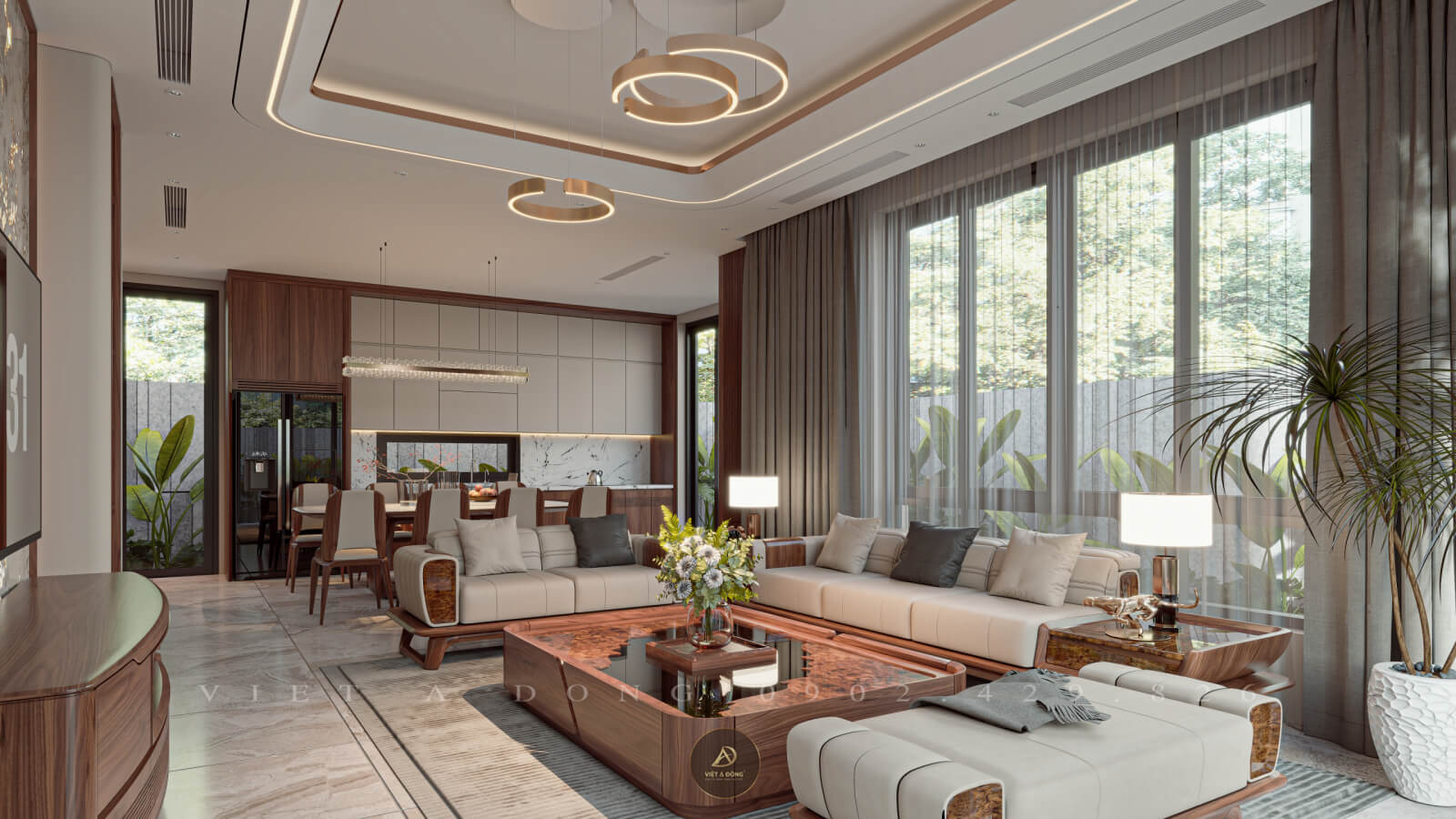 nội thất phòng khách gỗ óc chó