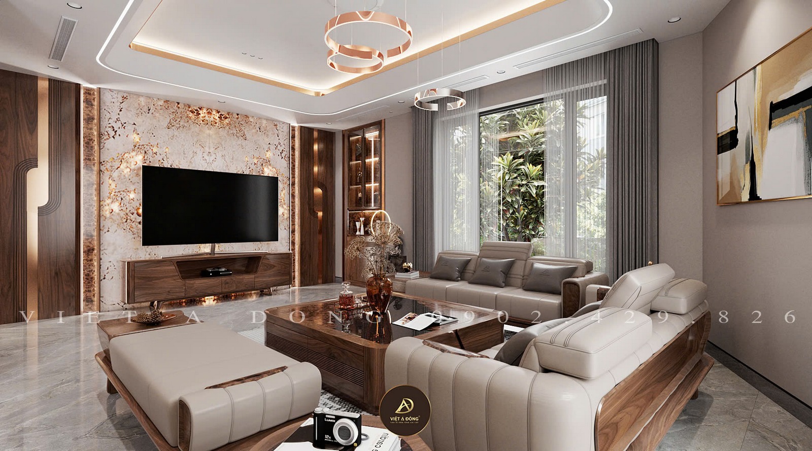 phòng khách gỗ óc chó