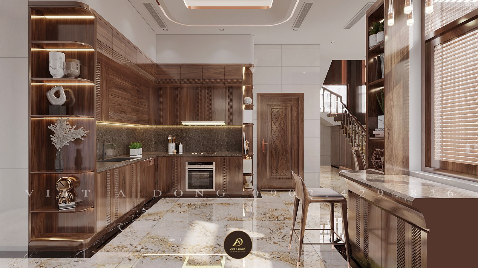 phối màu phòng bếp gỗ óc chó