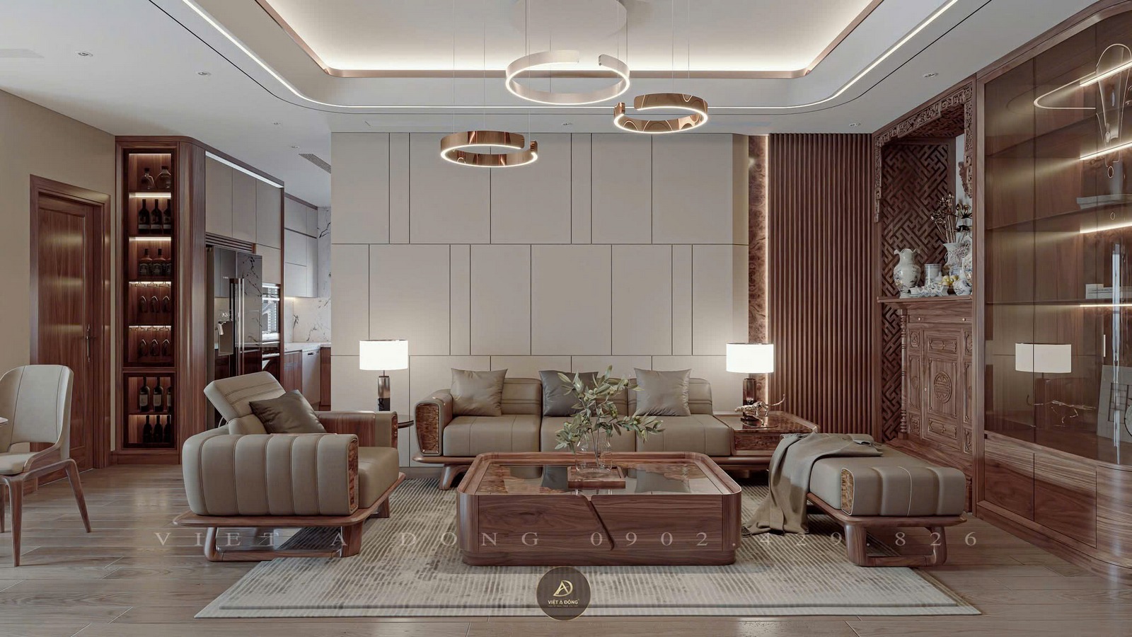 phòng khách gỗ óc chó tại chung cư