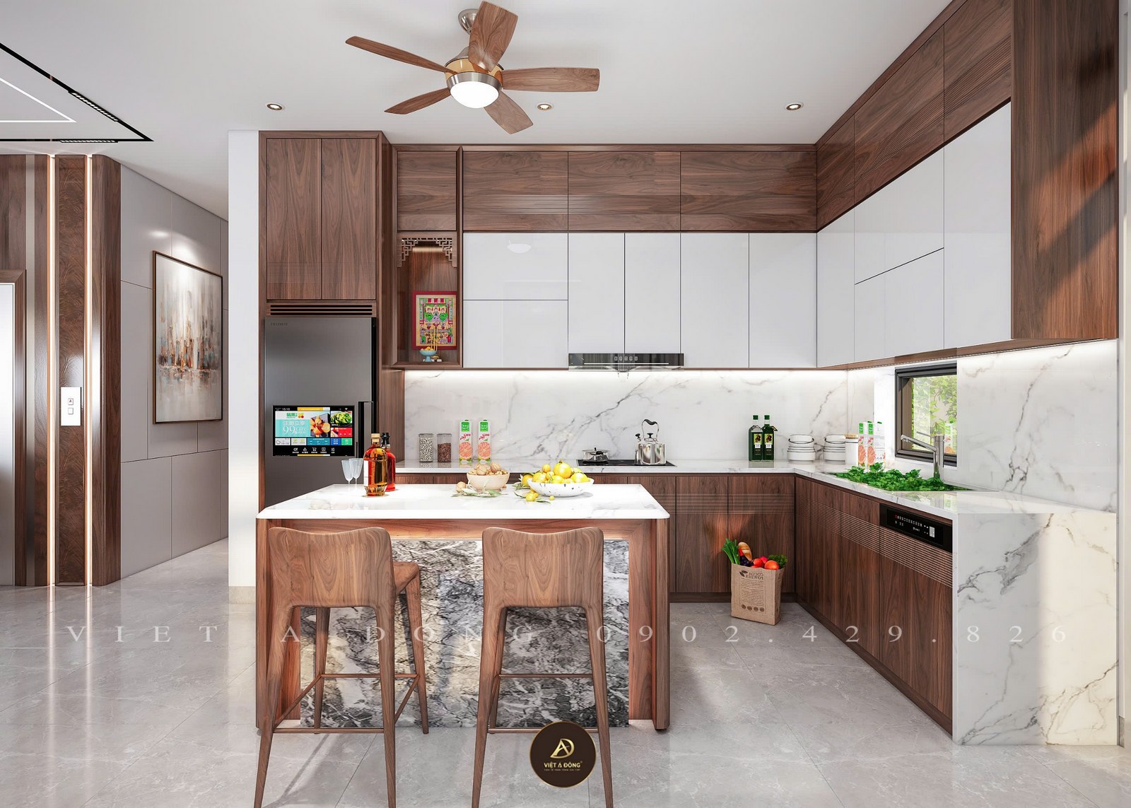 phòng bếp gỗ óc chó