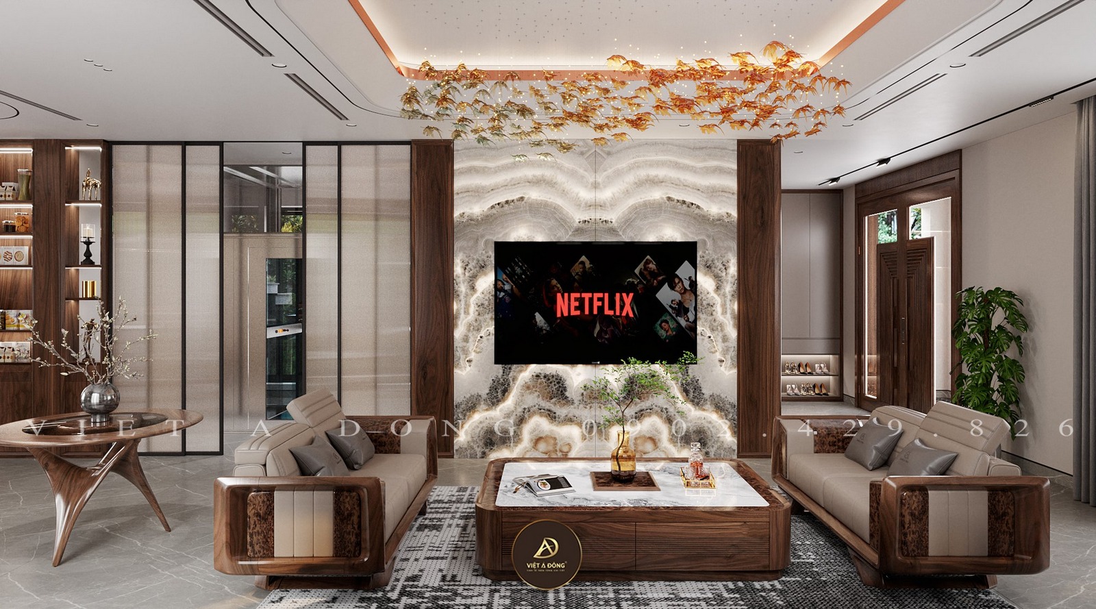 kệ tivi gỗ óc chó kết hợp vách ngăn