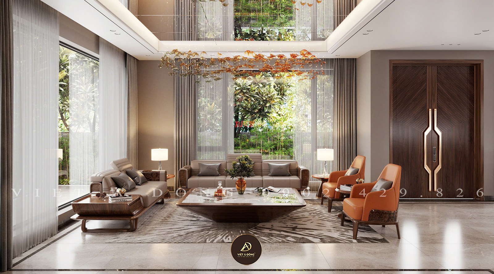 thi công phòng khách gỗ óc chó