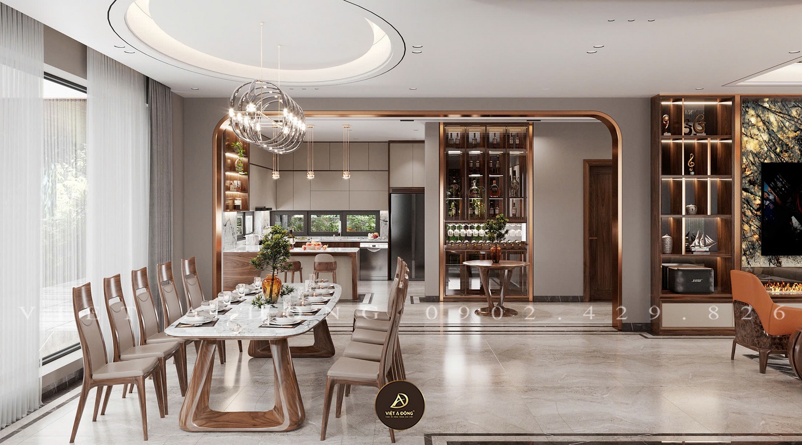 thi công phòng bếp gỗ óc chó