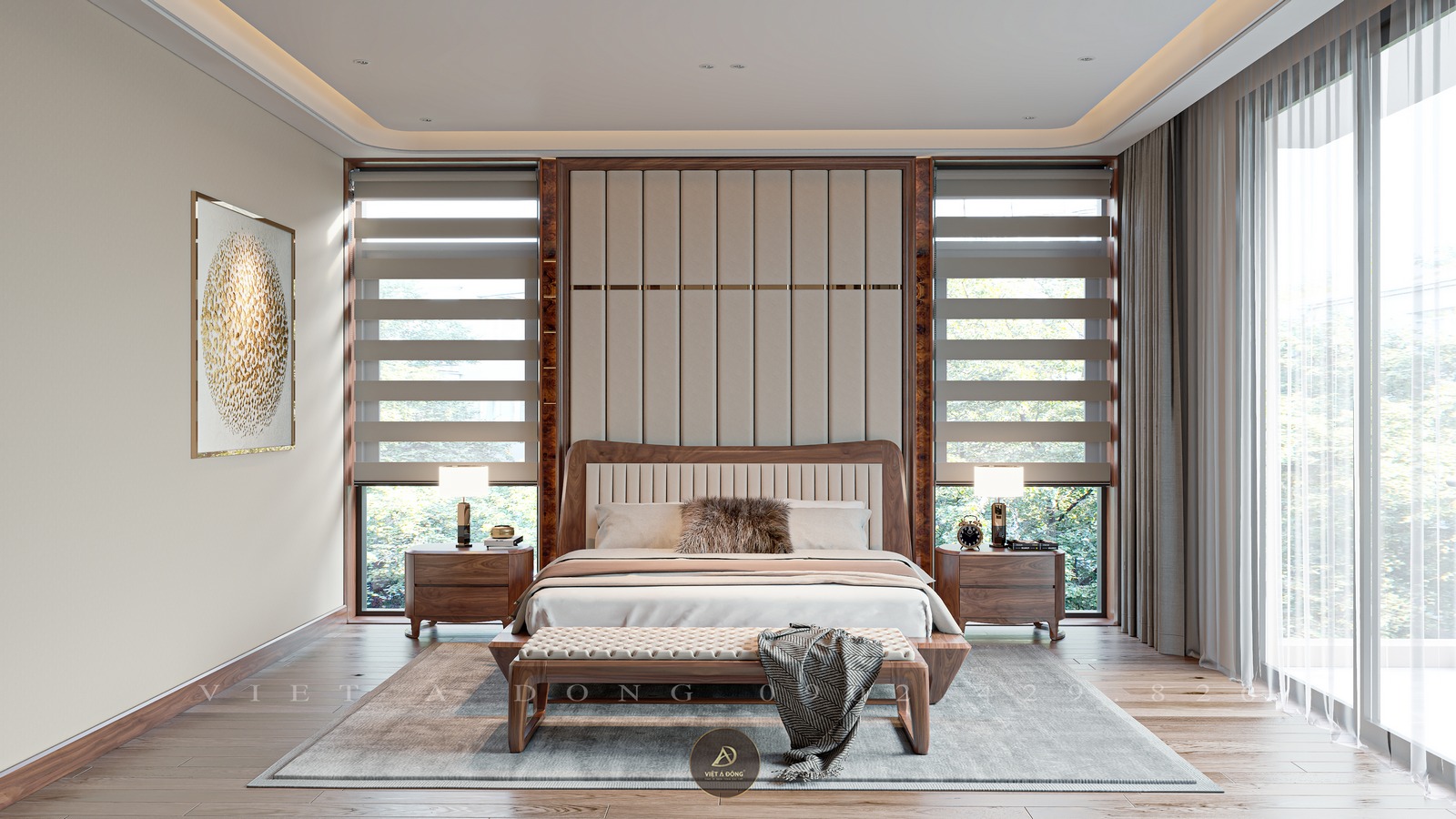 thi công phòng ngủ gỗ óc chó