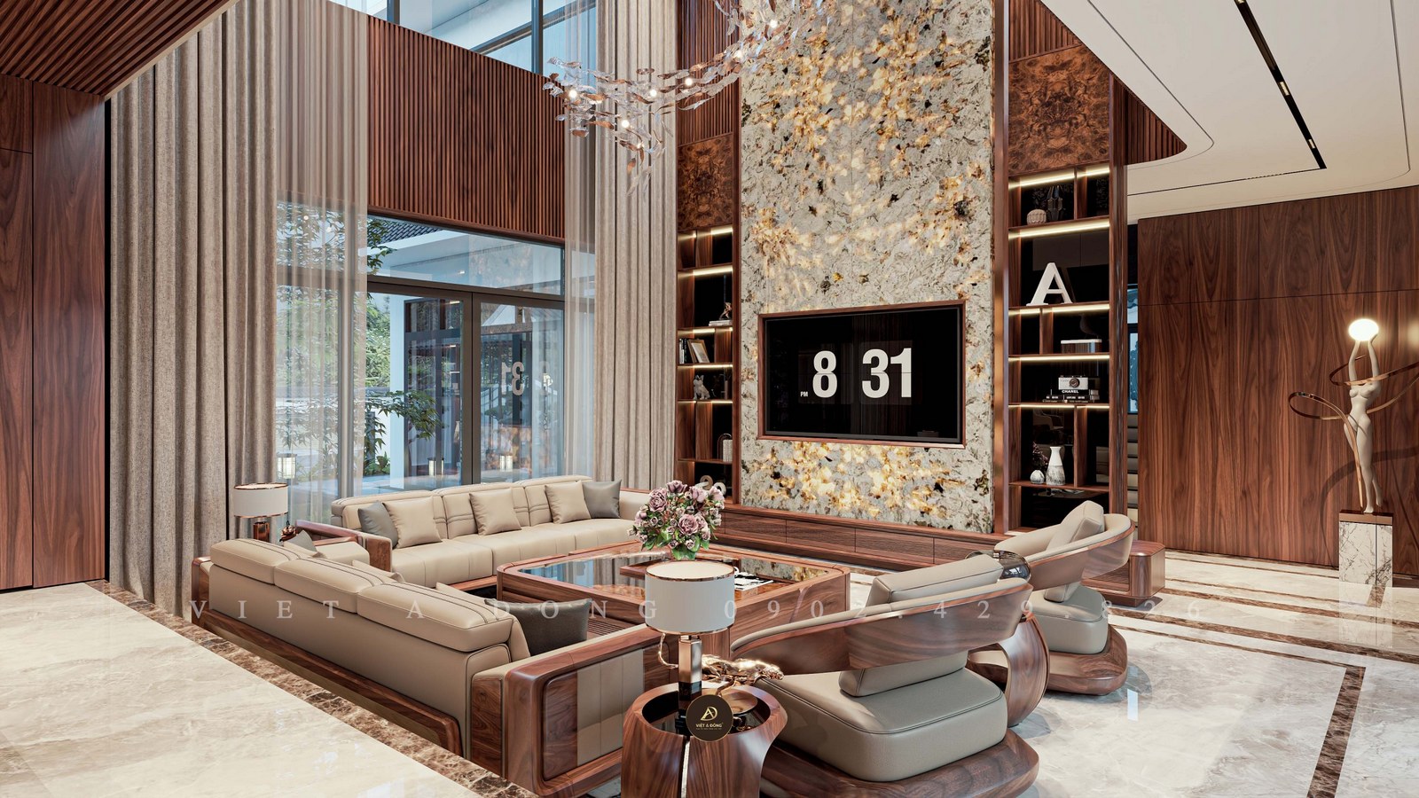 phòng khách gỗ óc chó