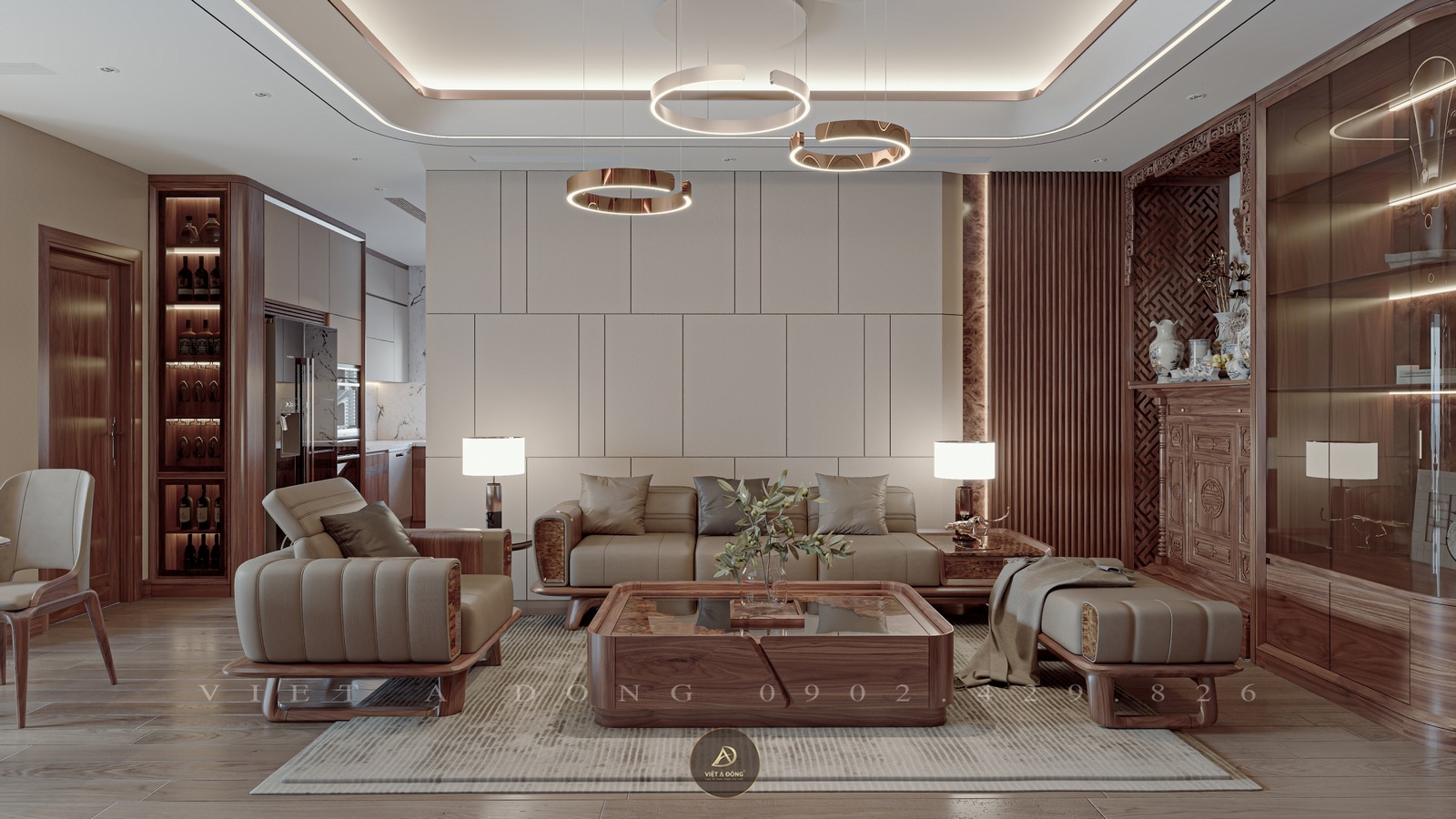 phòng khách gỗ óc chó