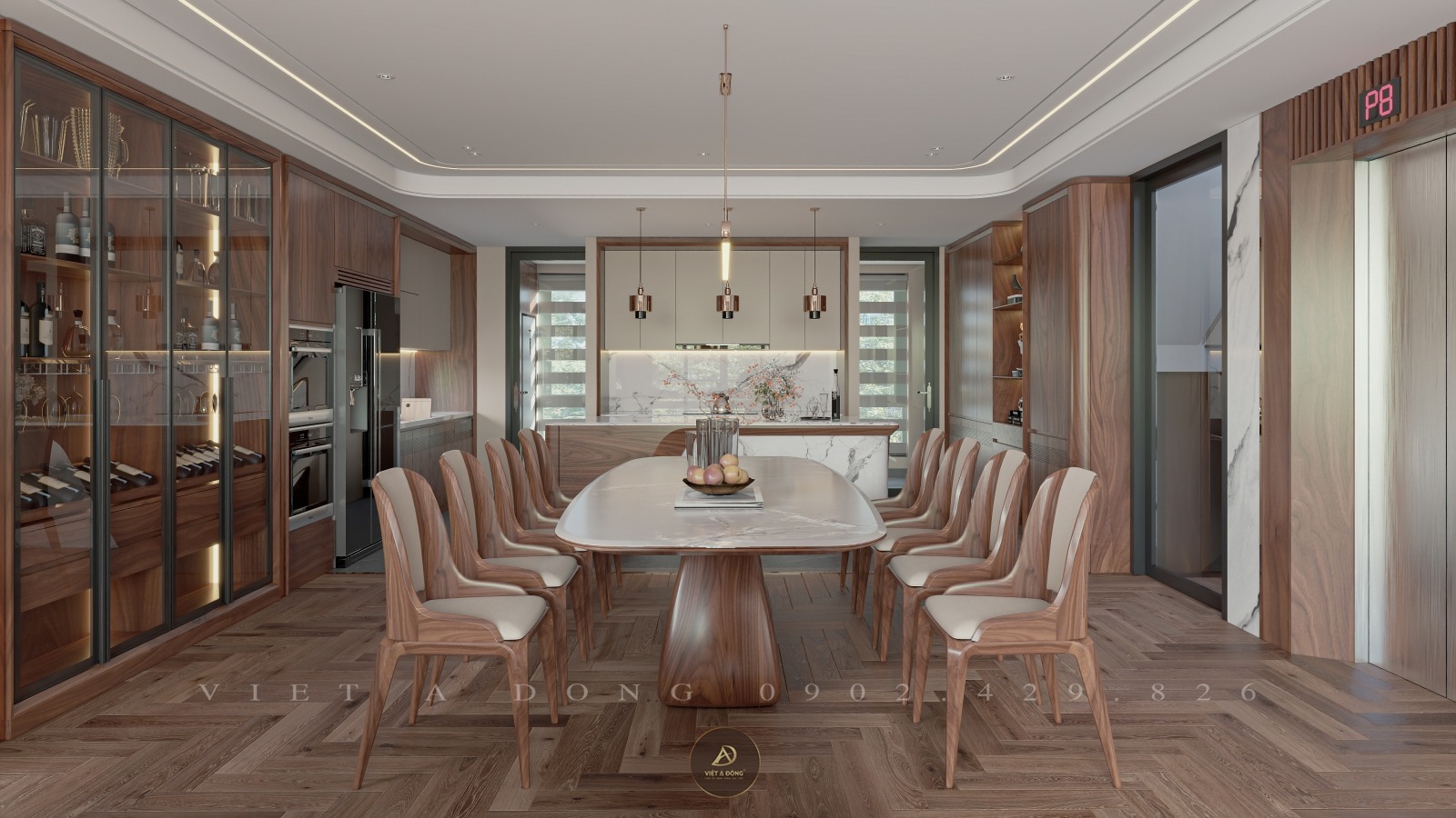 phòng bếp biệt thự gỗ óc chó