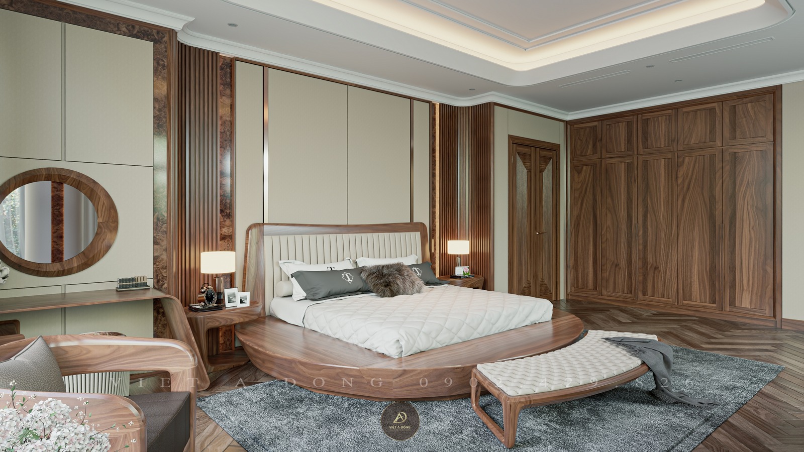 giường ngủ tròn gỗ óc chó