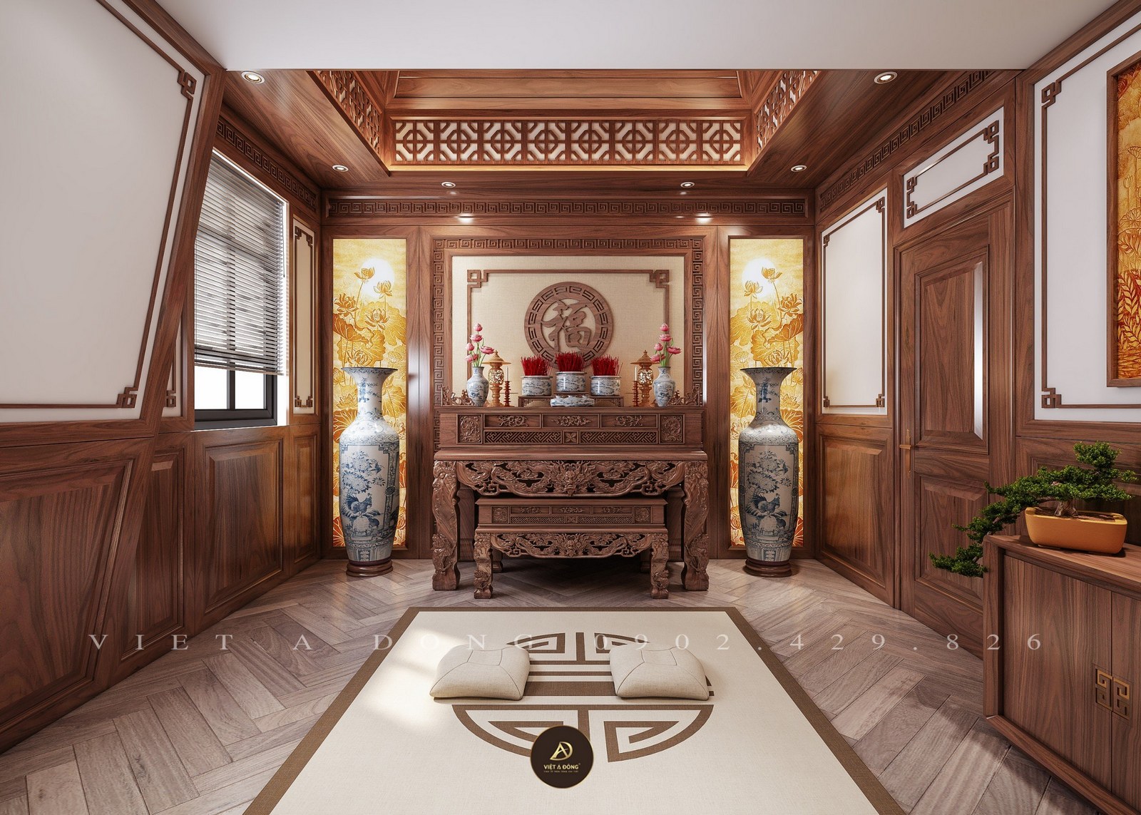 phòng thờ gỗ óc chó truyền thống