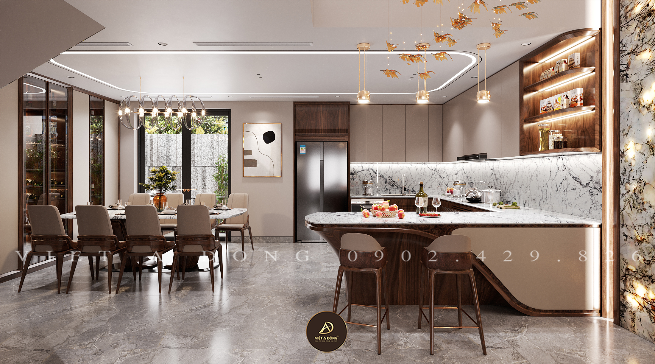 tủ bếp gỗ óc chó có quầy bar