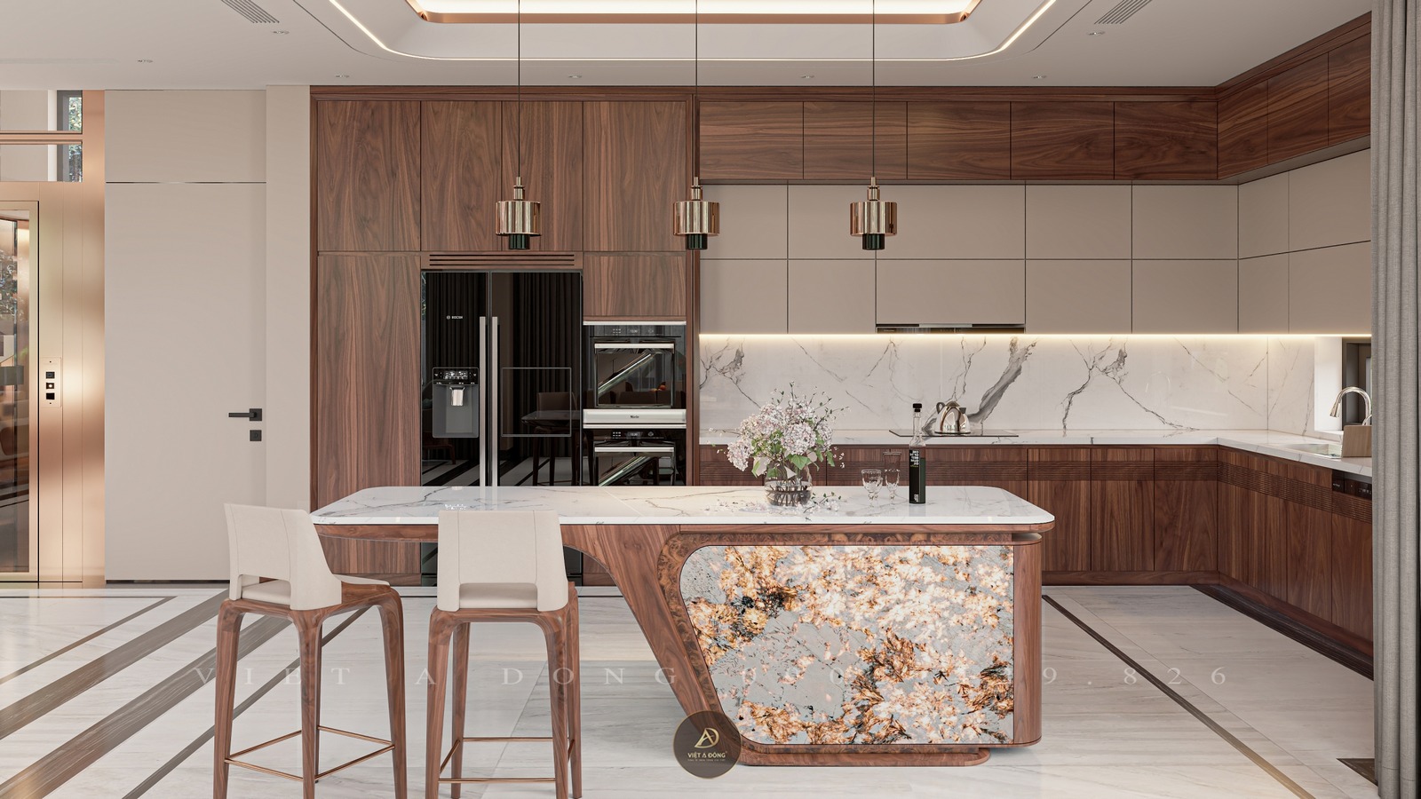 ưu điểm của tủ bếp gỗ óc chó có quầy bar