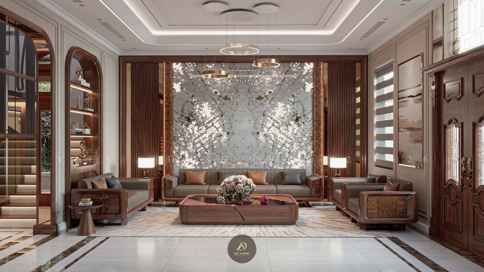 phòng khách nhà phố gỗ óc chó