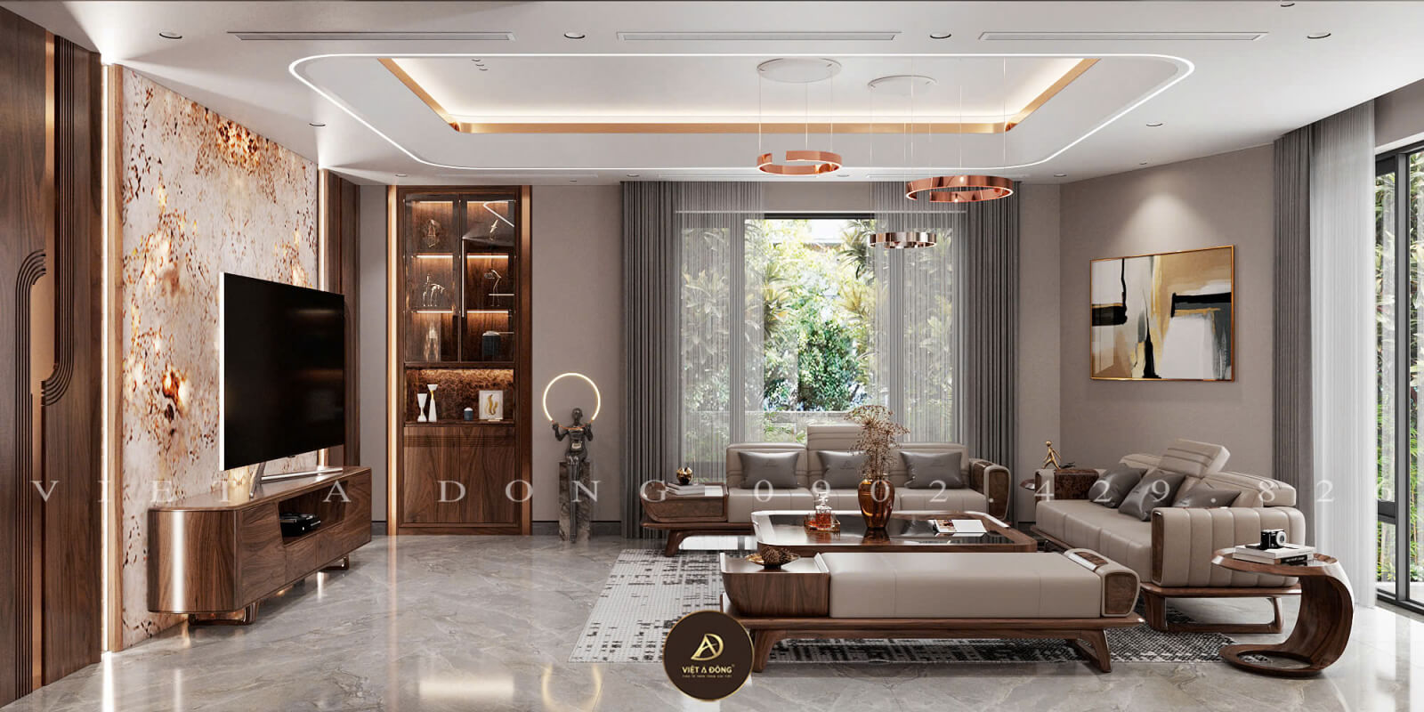 phòng khách gỗ óc chó