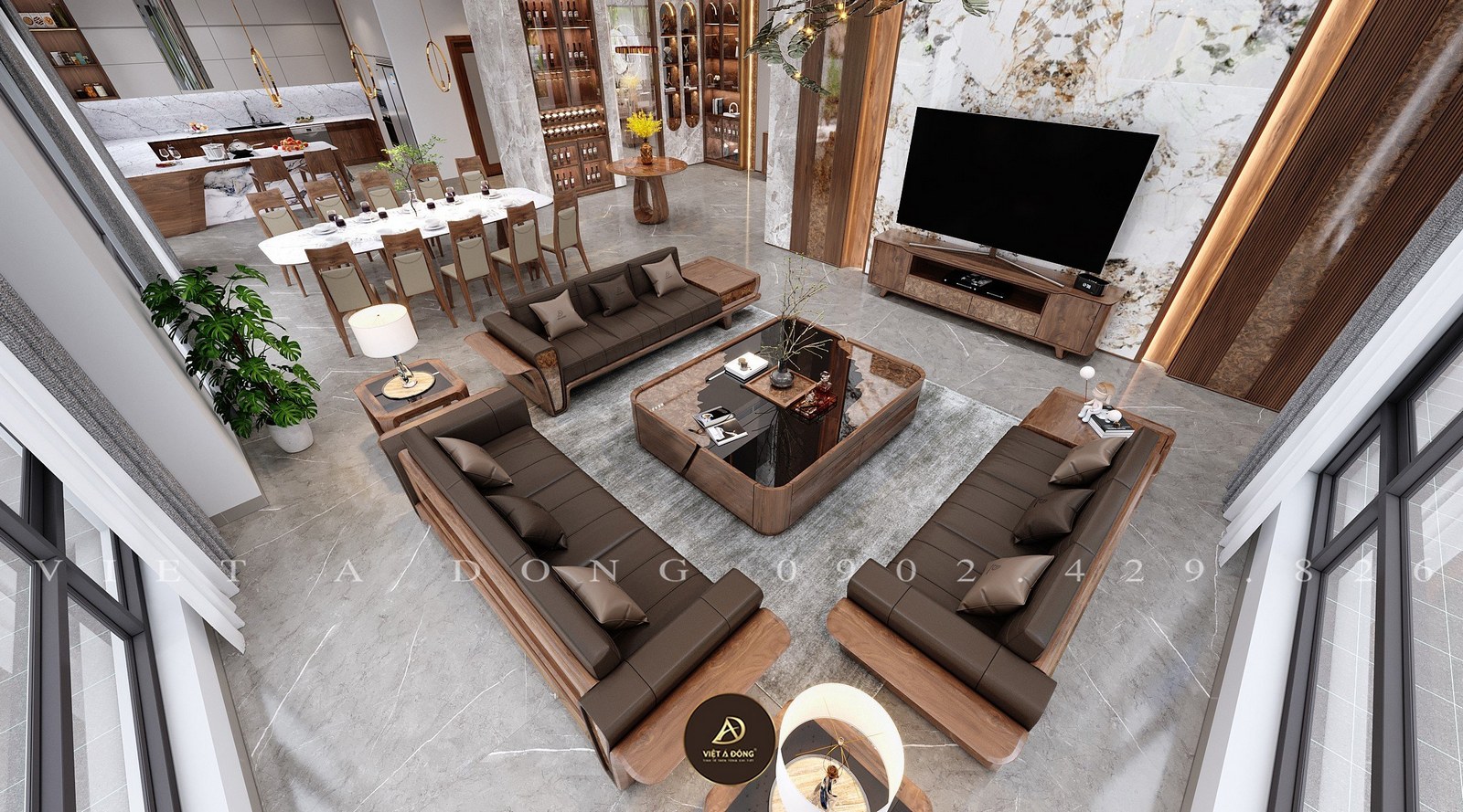 phòng khách gỗ óc chó