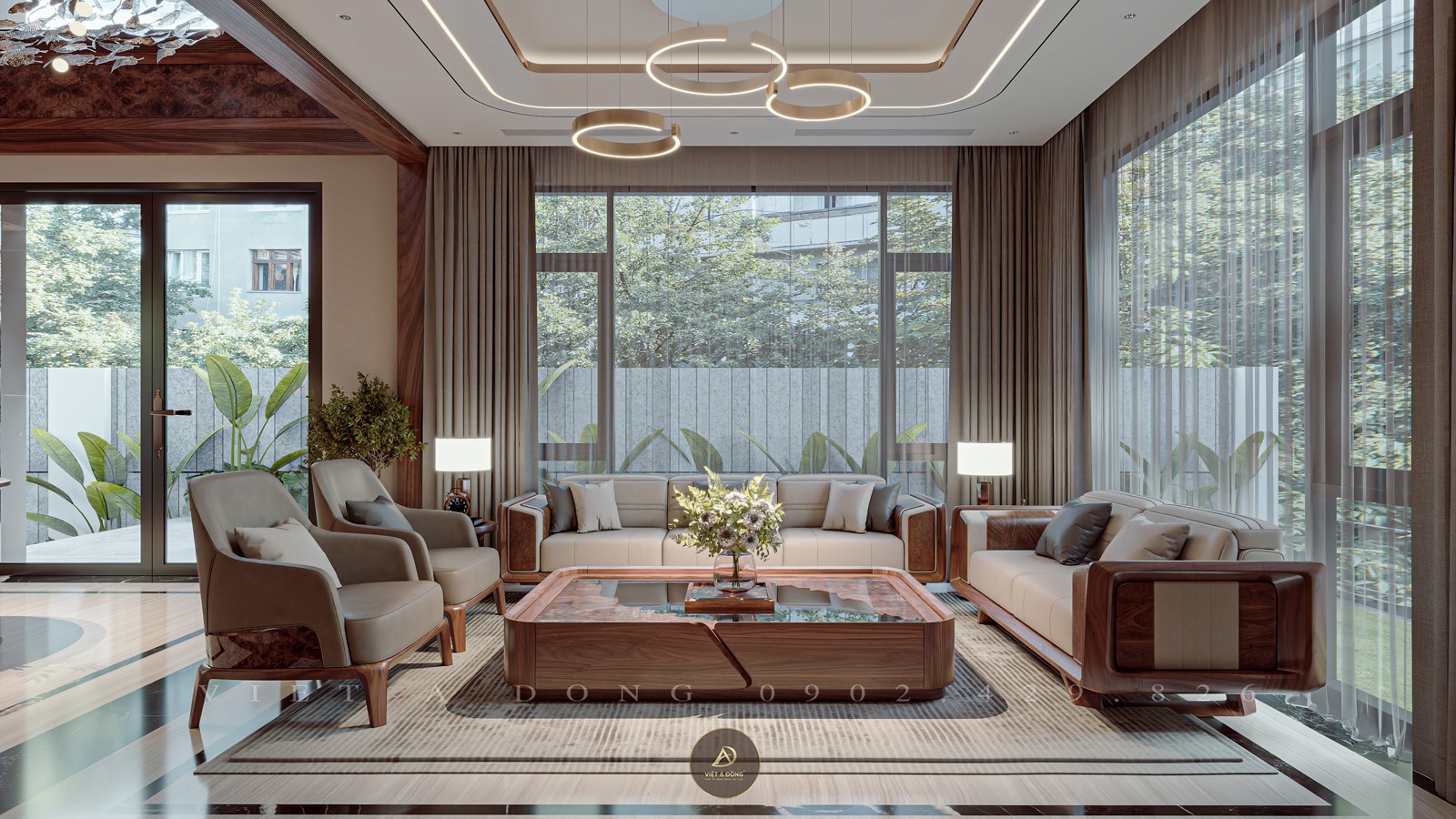 phòng khách nhà phố gỗ óc chó