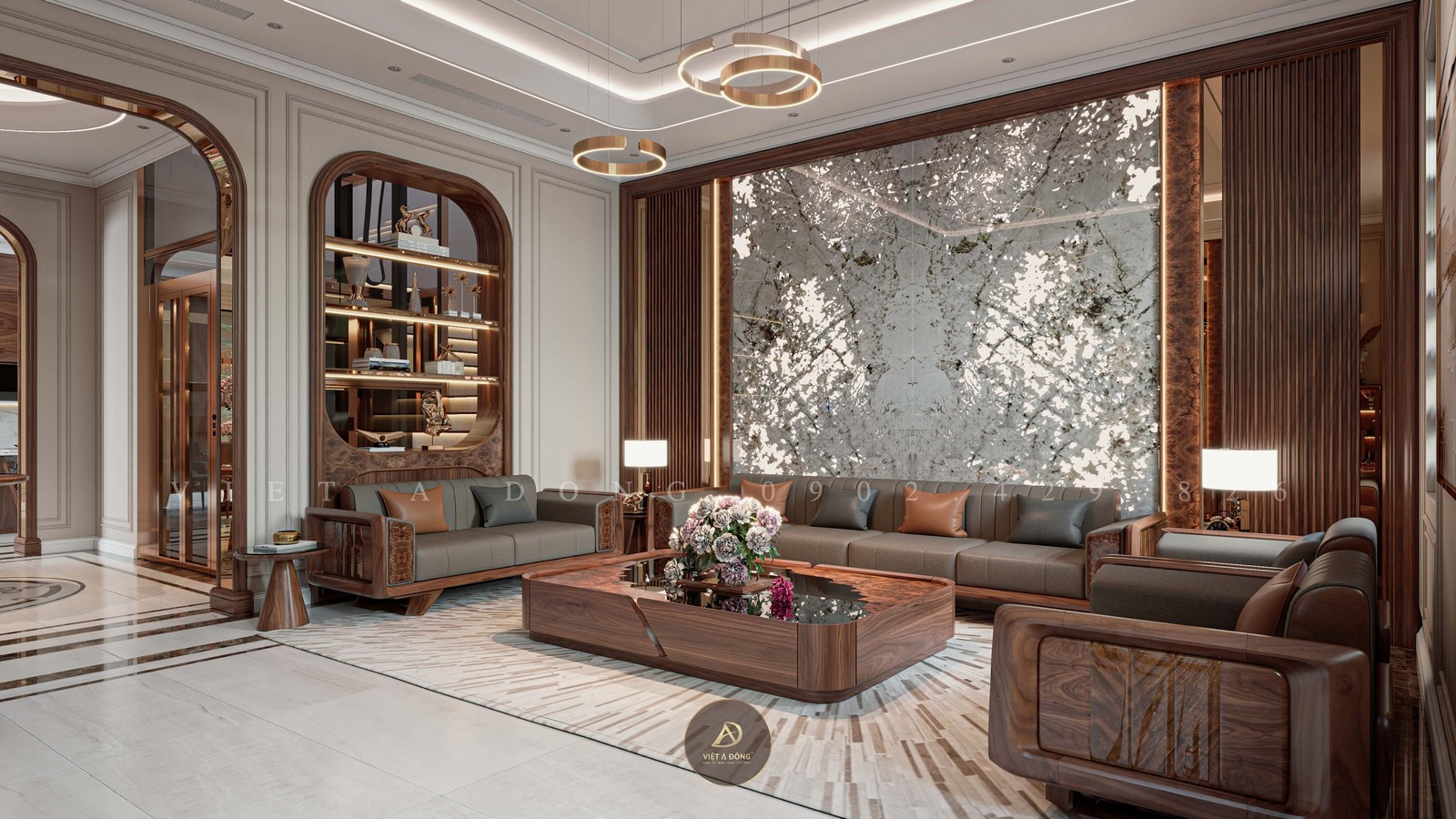 phòng khách gỗ óc chó