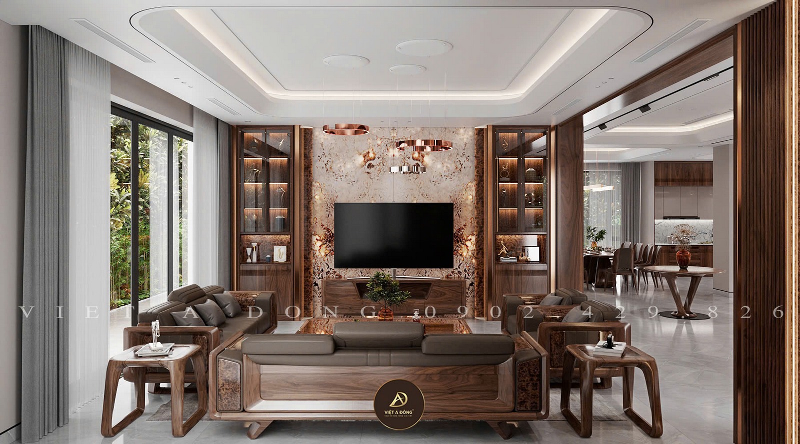 phòng khách gỗ óc chó