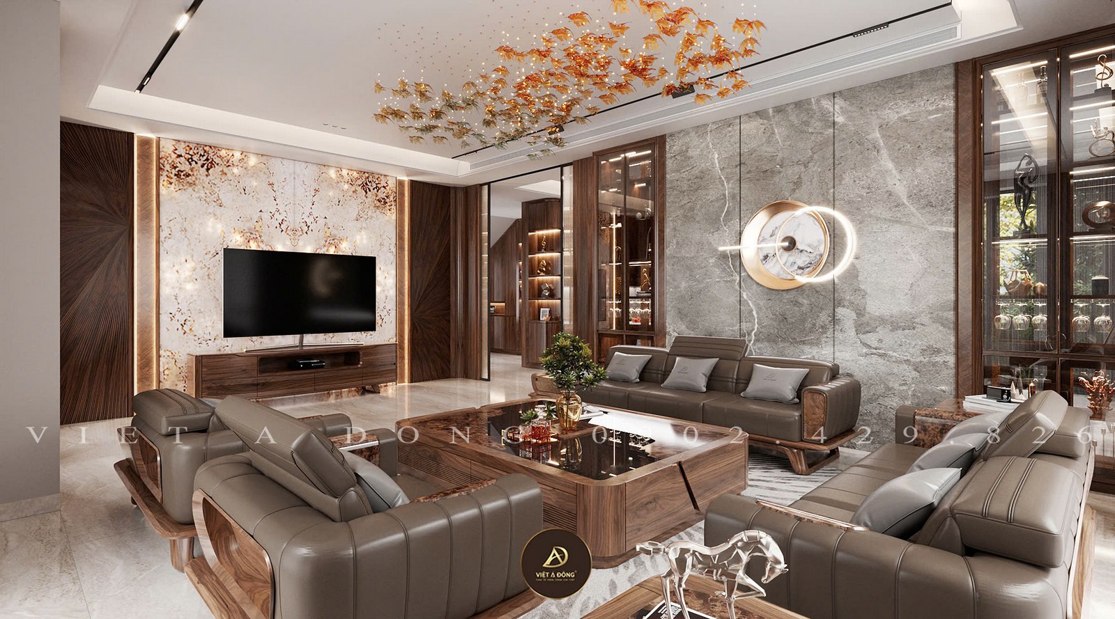 tủ rượu gỗ óc chó trong phòng khách