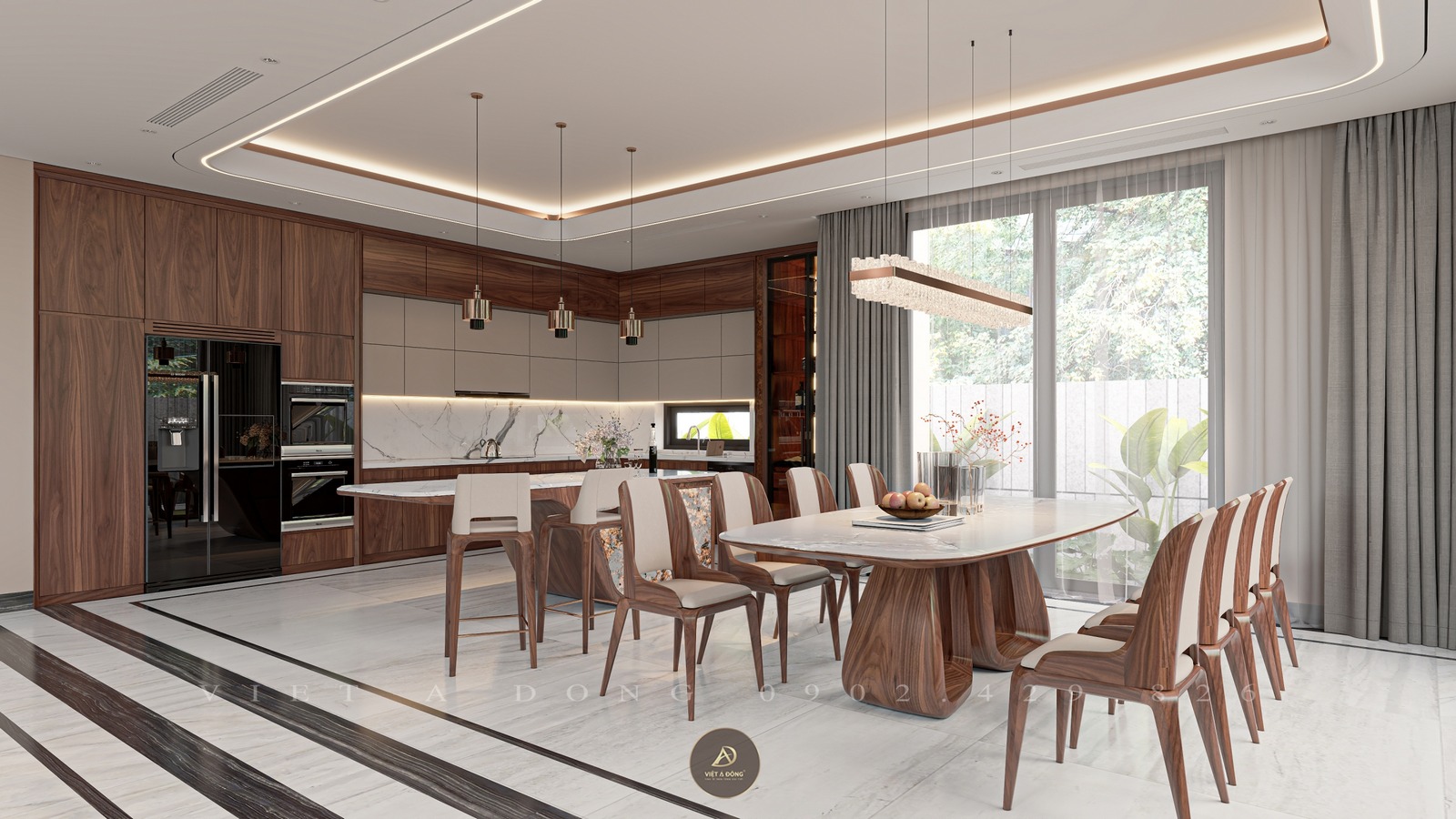 phòng bếp gỗ óc chó hiện đại