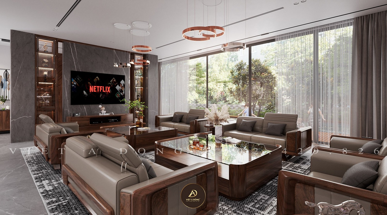 sofa gỗ óc chó kết hợp bàn trà