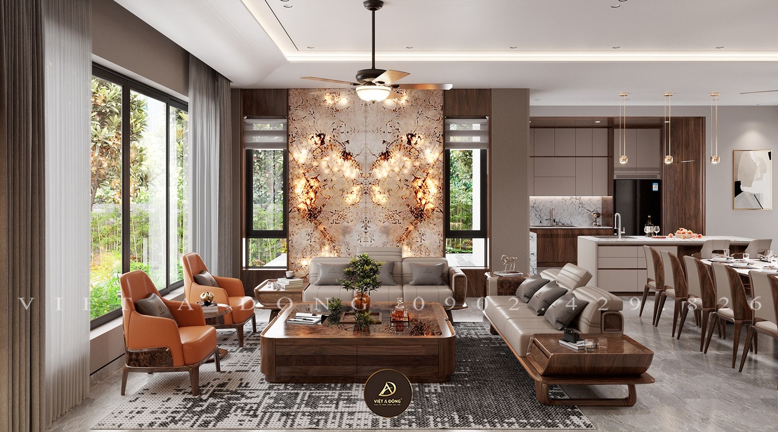 phòng khách với bộ sofa gỗ óc chó