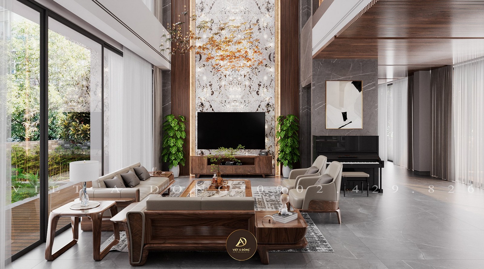 phòng khách biệt thự gỗ óc chó