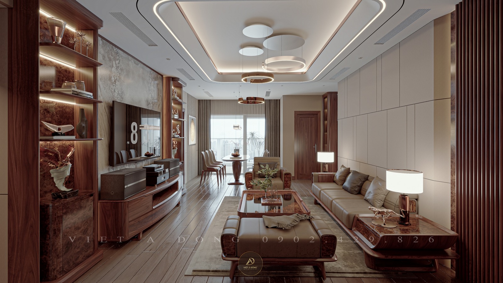 phòng khách gỗ óc chó