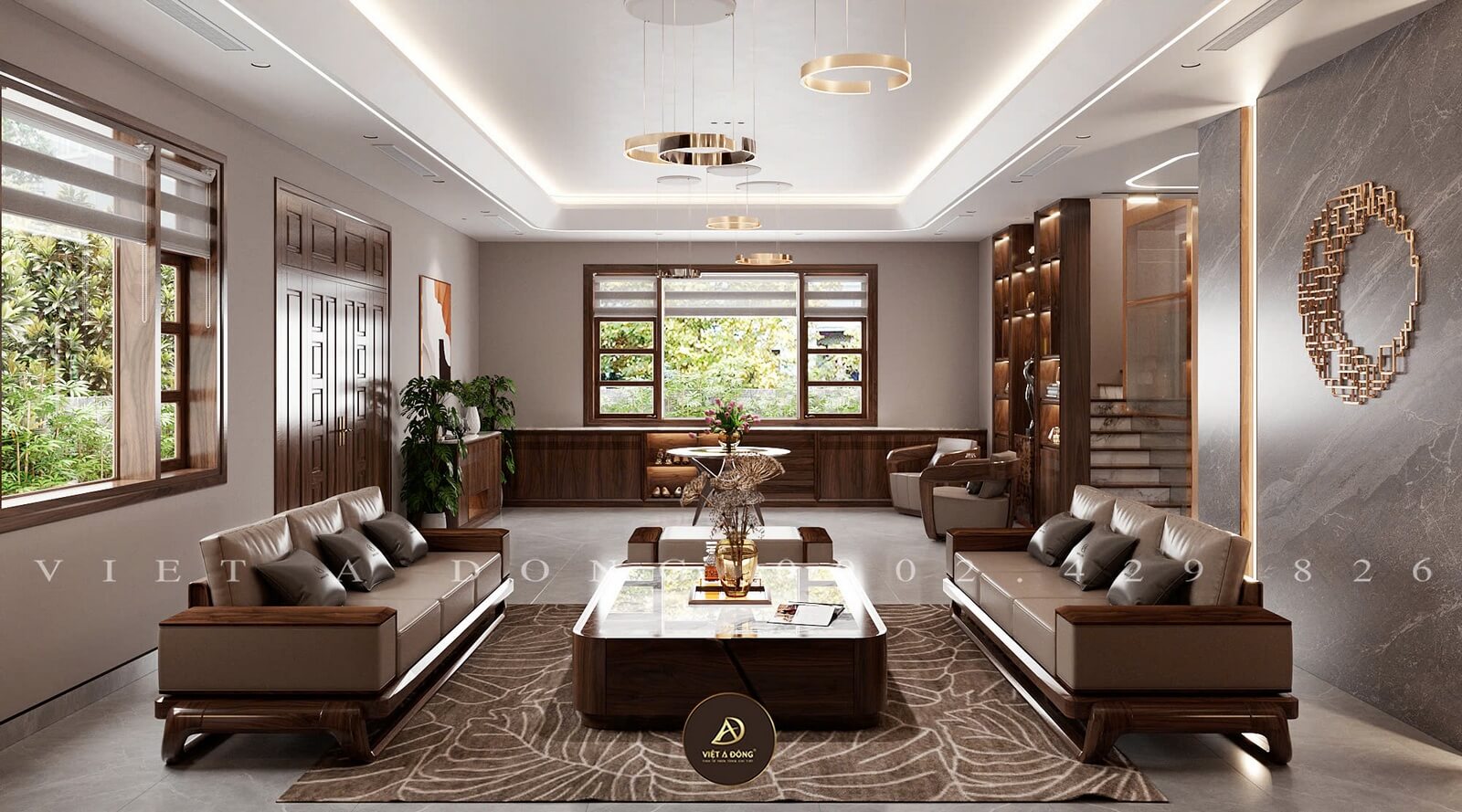 phòng khách gỗ óc chó với phong cách hiện đại